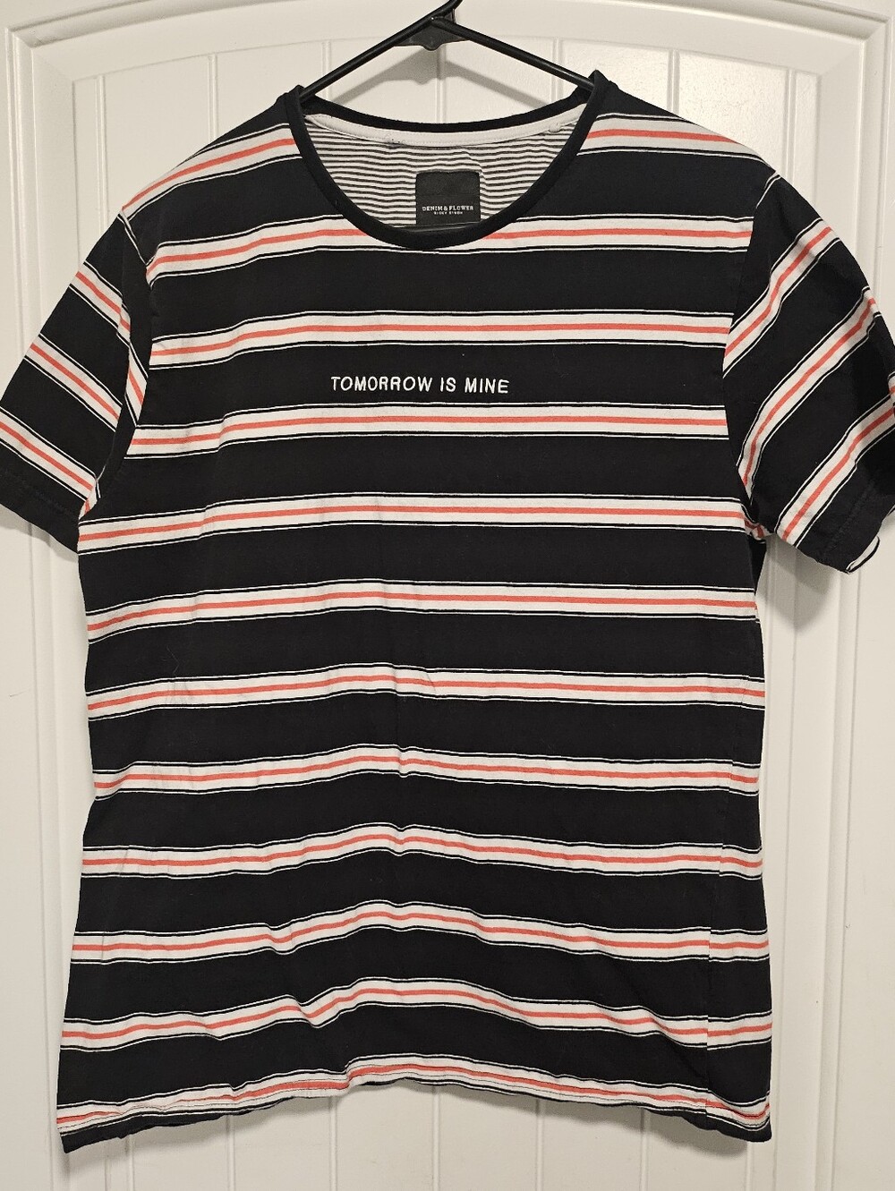 Denim & Flower Black Striped Tee with Red & White Accents